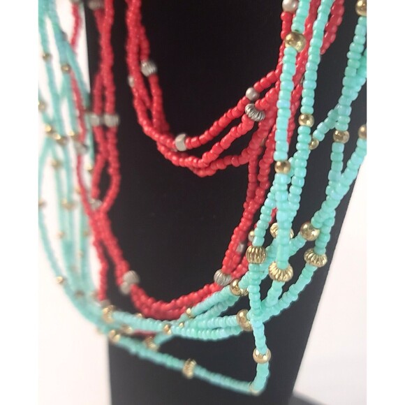 Set of 2 VTG Avenue Blue Red Seed Beaded Multiple Strands Statement Necklaces - Picture 2 of 5